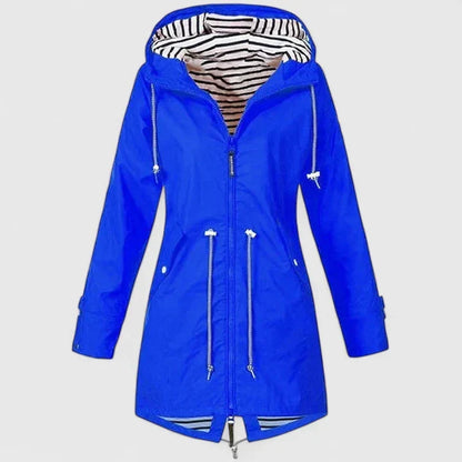Chaqueta de Lluvia a Rayas para Mujeres con Capucha, de Estilo Relajado y Cierre Frontal con Cremallera