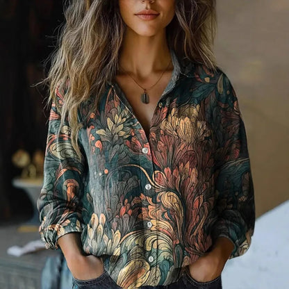 Blusa Floral Sin Esfuerzo para Mujeres con Cuello, Manga Larga, Botones en el Frente, Estilo Bohemio Relajado