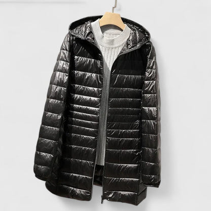 Chaqueta Puffer Acolchada Sin Esfuerzo para Mujeres con Capucha, Manga Larga, Ligera y Estilo Casual de Corte Largo