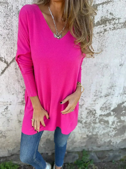 Túnica de Suéter de Punto Acanalado Cómoda para Mujeres con Cuello en V y Manga Larga Estilo Oversized Relajado