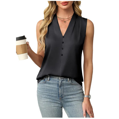 Blusa de Satén Elegante para Mujeres con Escote en V Sin Mangas y Botones Frontales Estilo Relajado