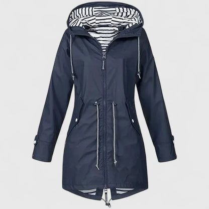 Chaqueta de Lluvia a Rayas para Mujeres con Capucha, de Estilo Relajado y Cierre Frontal con Cremallera