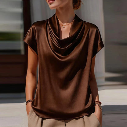 Blusa de Satén Elegante para Mujeres con Cuello Drapado y Mangas Cortas