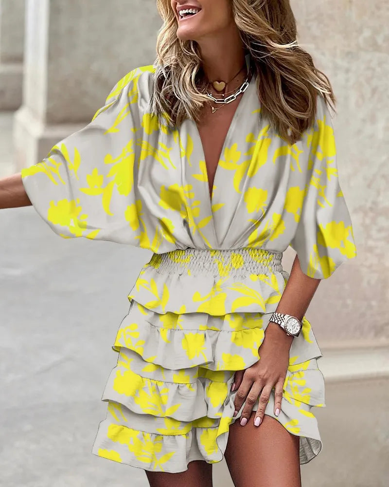 Vestido Mini Floral de Capas sin Esfuerzo para Mujeres con Escote en V, Mangas Globo y Cintura Fruncida, Estilo Bohemio