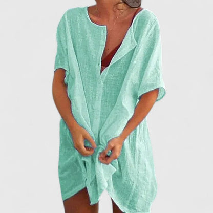 Vestido Cubierta de Lino Sin Esfuerzo para Mujeres con Escote en V, Manga Corta y Estilo Relajado