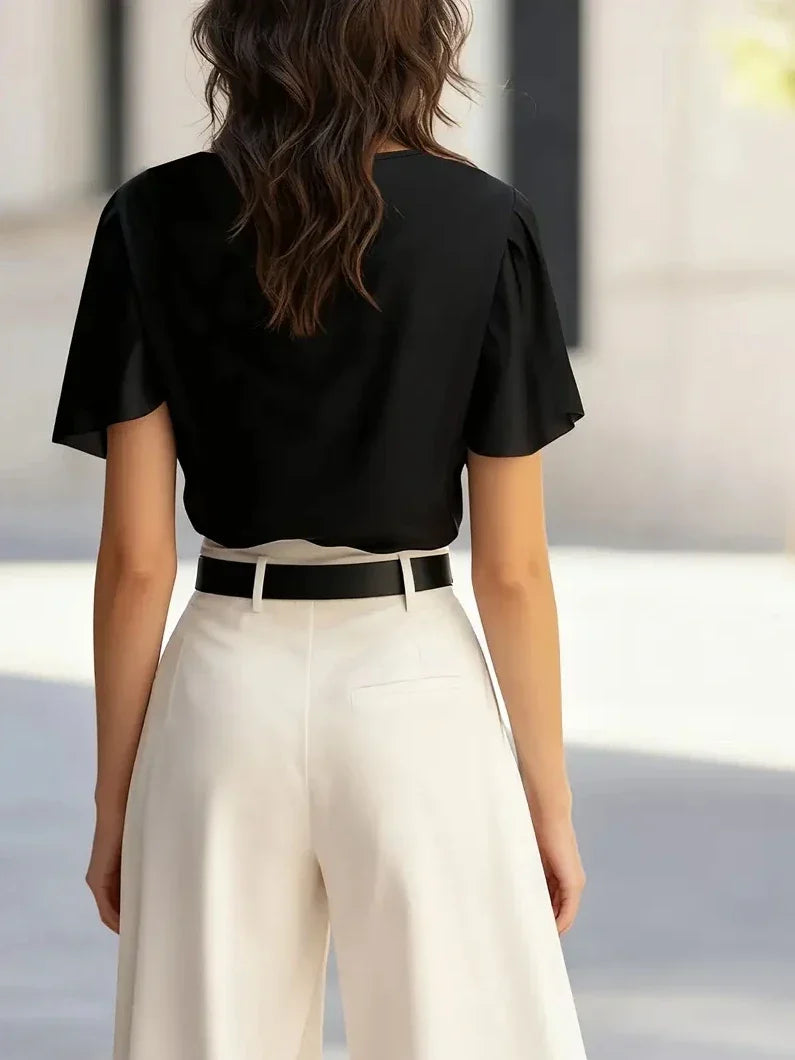 Blusa Elegante con Caída para Mujeres con Cuello de Capa y Mangas Fluidas Estilo Relajado y Sedoso