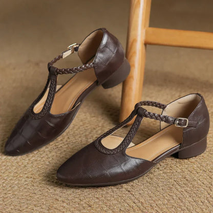 Elegantes Flats de Cuero con Estampado de Cocodrilo y T-Strap para Mujeres con Punta Afilada y Tacón Bloque