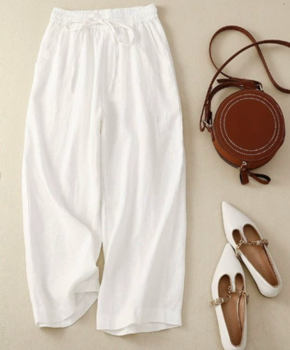 Pantalones Anchos de Lino para Mujeres con Cintura Alta y Cordón, Largo hasta el Tobillo, Estilo Casual Relajado