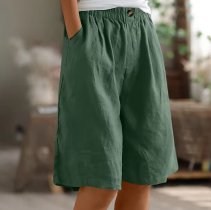 Pantalones Cortos de Lino Verde Oliva para Mujeres con Cintura Elástica, Frente con Botón, Pierna Ancha y Estilo Relajado