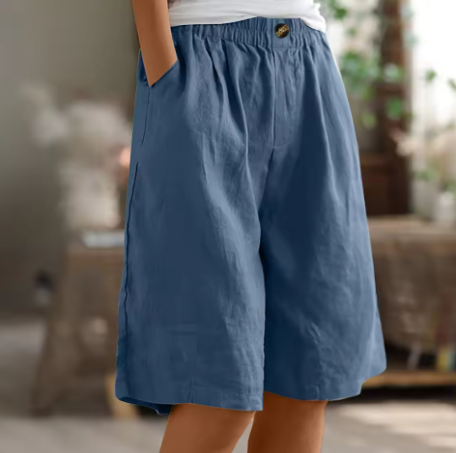 Pantalones Cortos de Lino Verde Oliva para Mujeres con Cintura Elástica, Frente con Botón, Pierna Ancha y Estilo Relajado