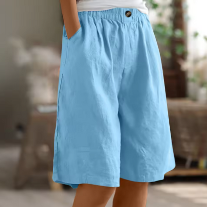 Pantalones Cortos de Lino Verde Oliva para Mujeres con Cintura Elástica, Frente con Botón, Pierna Ancha y Estilo Relajado