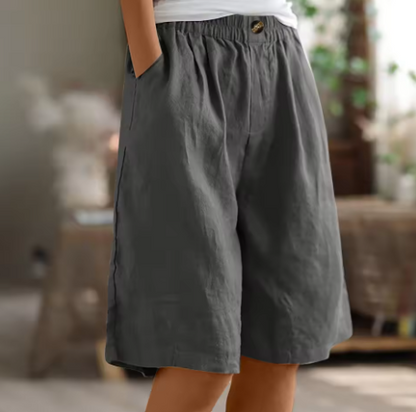 Pantalones Cortos de Lino Verde Oliva para Mujeres con Cintura Elástica, Frente con Botón, Pierna Ancha y Estilo Relajado