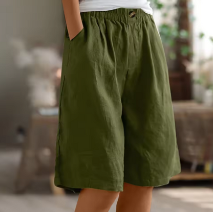 Pantalones Cortos de Lino Verde Oliva para Mujeres con Cintura Elástica, Frente con Botón, Pierna Ancha y Estilo Relajado