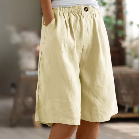 Pantalones Cortos de Lino Verde Oliva para Mujeres con Cintura Elástica, Frente con Botón, Pierna Ancha y Estilo Relajado