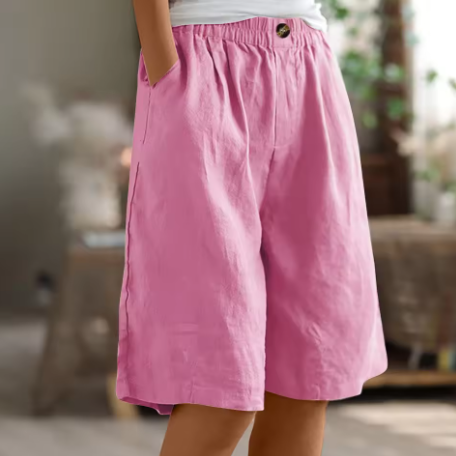 Pantalones Cortos de Lino Verde Oliva para Mujeres con Cintura Elástica, Frente con Botón, Pierna Ancha y Estilo Relajado