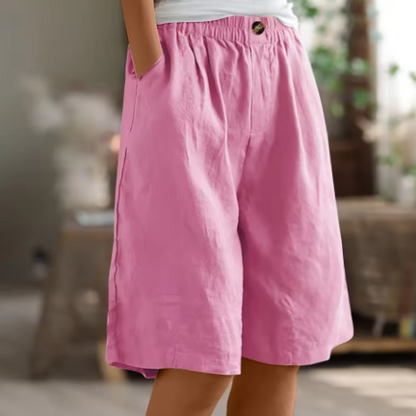 Pantalones Cortos de Lino Verde Oliva para Mujeres con Cintura Elástica, Frente con Botón, Pierna Ancha y Estilo Relajado