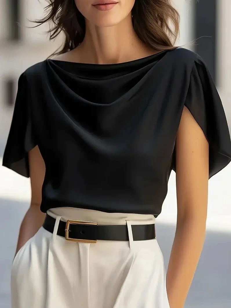 Blusa Elegante con Caída para Mujeres con Cuello de Capa y Mangas Fluidas Estilo Relajado y Sedoso