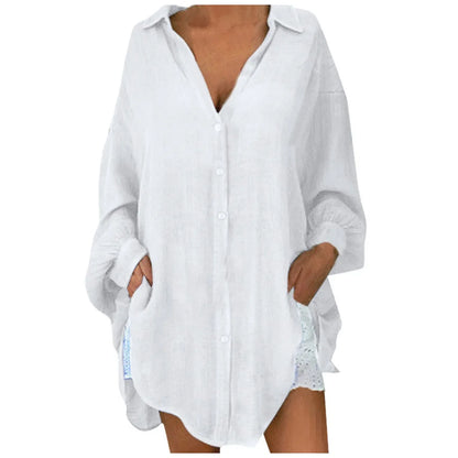 Blusa de Lino con Botones para Mujeres, Sin Esfuerzo, con Cuello, Manga Larga, Oversized, Estilo Relaxado Alto-Bajo