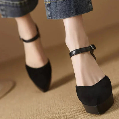 Elegantes Zapatos de Tacón Plataforma de Ante para Mujeres con Correa de Hebilla Mary Jane y Tacón Grueso