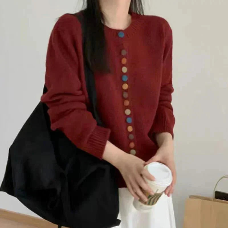 Suéter Cardigan Cómodo para Mujeres con Cuello Redondo, Manga Larga, Botones Frontales, Estilo Relajado y Oversized