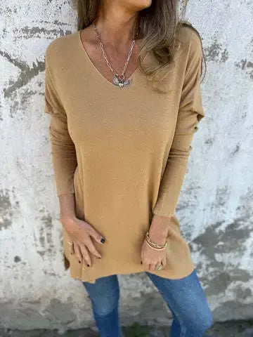 Túnica de Suéter de Punto Acanalado Cómoda para Mujeres con Cuello en V y Manga Larga Estilo Oversized Relajado