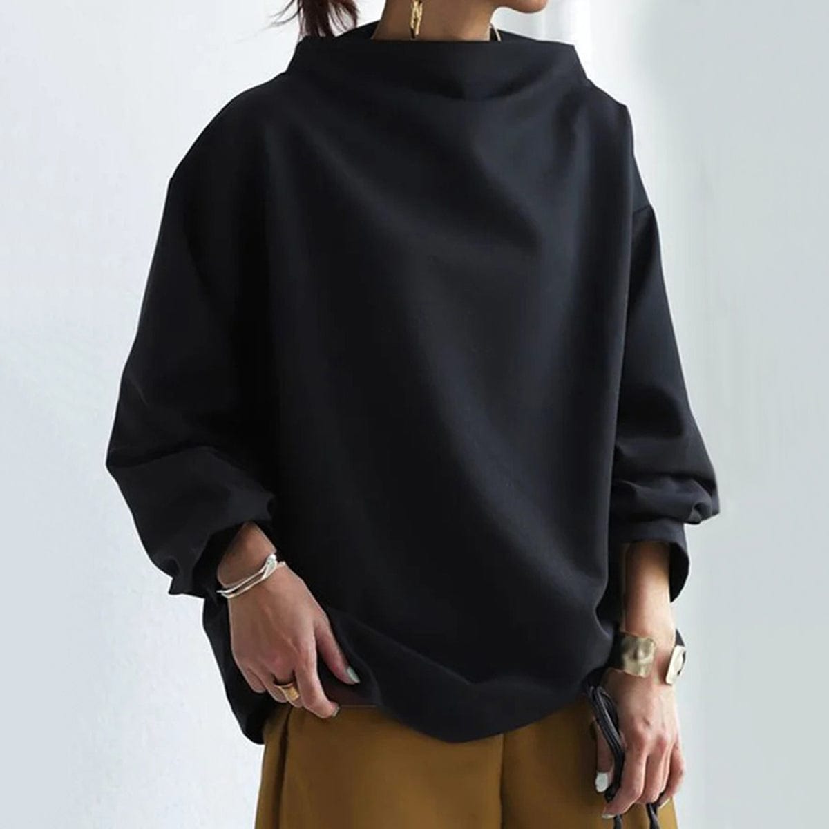 Blusa Oversized Cómoda para Mujeres con Cuello Alto y Manga Globo Estilo Tranquilo
