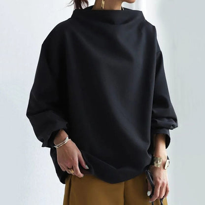 Blusa Oversized Cómoda para Mujeres con Cuello Alto y Manga Globo Estilo Tranquilo
