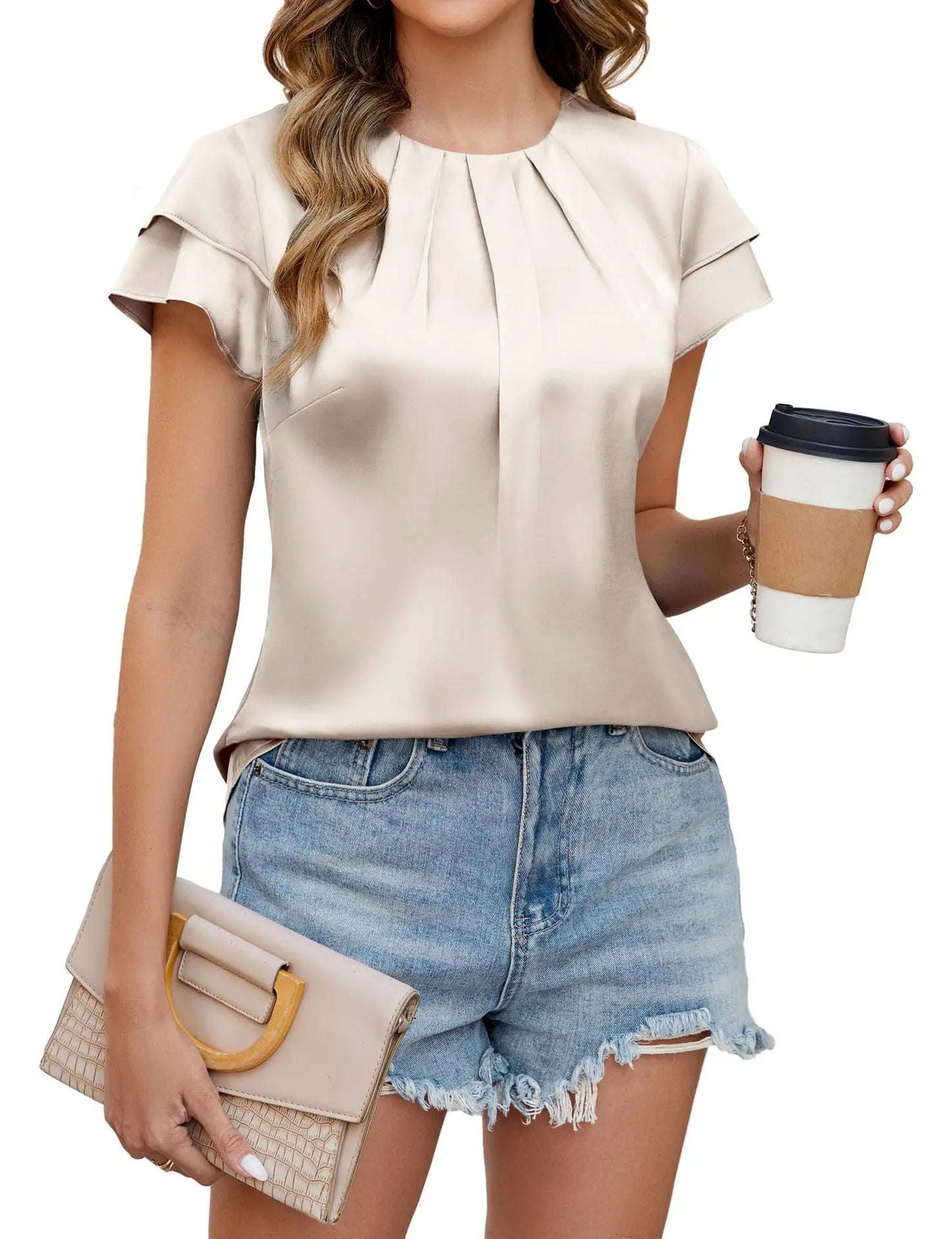 Blusa de Satén Elegante para Mujeres con Cuello Redondo, Mangas de Volante Plisadas y Estilo Relajado