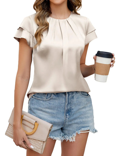 Blusa de Satén Elegante para Mujeres con Cuello Redondo, Mangas de Volante Plisadas y Estilo Relajado