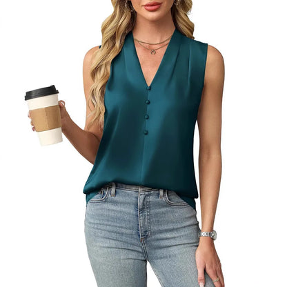 Blusa de Satén Elegante para Mujeres con Escote en V Sin Mangas y Botones Frontales Estilo Relajado