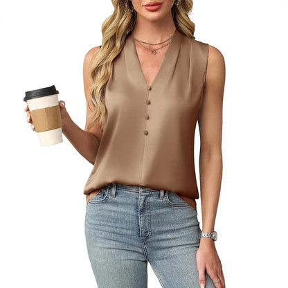 Blusa de Satén Elegante para Mujeres con Escote en V Sin Mangas y Botones Frontales Estilo Relajado