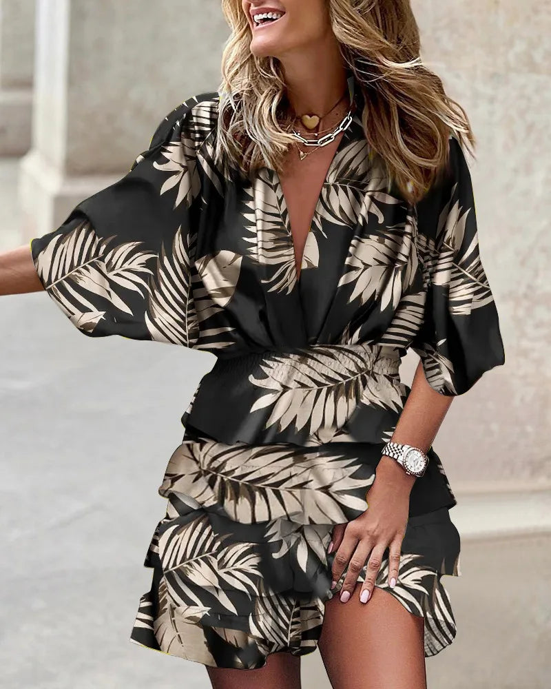 Vestido Mini Floral de Capas sin Esfuerzo para Mujeres con Escote en V, Mangas Globo y Cintura Fruncida, Estilo Bohemio