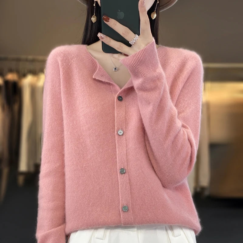 Suéter Cardigan Cómodo para Mujeres con Cuello Redondo, Manga Larga, Botones en la Parte Frontal y Estilo Relajado de Punto