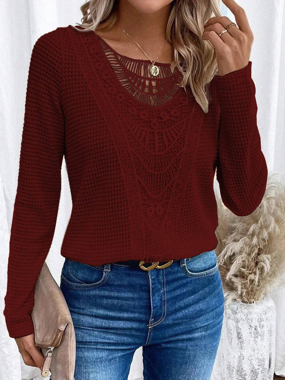 Blusa de Punto Waffle sin Esfuerzo para Mujeres con Manga Larga de Encaje de Crochet Estilo Boho Relajado
