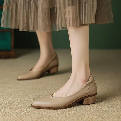 Elegante Zapato de Tacón Bloque de Cuero para Mujeres con Punta Afilar Deslizante Estilo Casual en Corte en V