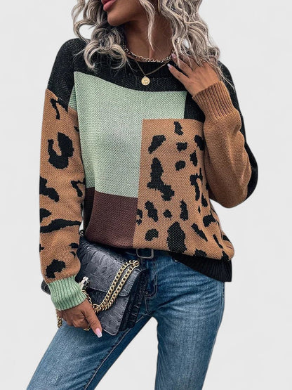 Suéter Cómodo de Leopardo en Color Block para Mujeres con Cuello Redondo, Manga Larga y Estilo Relajado Oversized