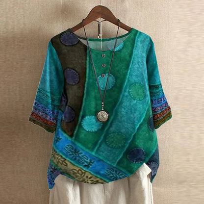 Blusa de Estampado de Parchwork sin Esfuerzo para Mujeres con Cuello Redondo, Manga Corta y Botones al Frente, Estilo Bohemio
