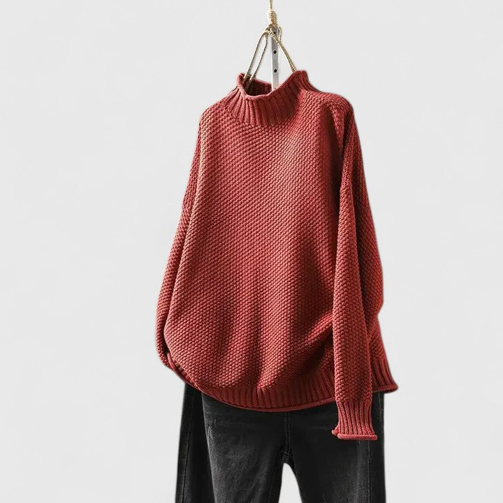 Suéter Chunky Cómodo para Mujeres con Cuello Alto, Manga Larga, Corte Relajado y Dobladillo Curvado