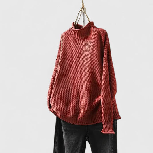 Suéter Chunky Cómodo para Mujeres con Cuello Alto, Manga Larga, Corte Relajado y Dobladillo Curvado
