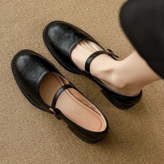 Elegantes Bailarinas de Cuero Mary Jane para Mujeres con Punta Redonda, Correa de Hebilla y Tacón Bajo Estilo Vintage