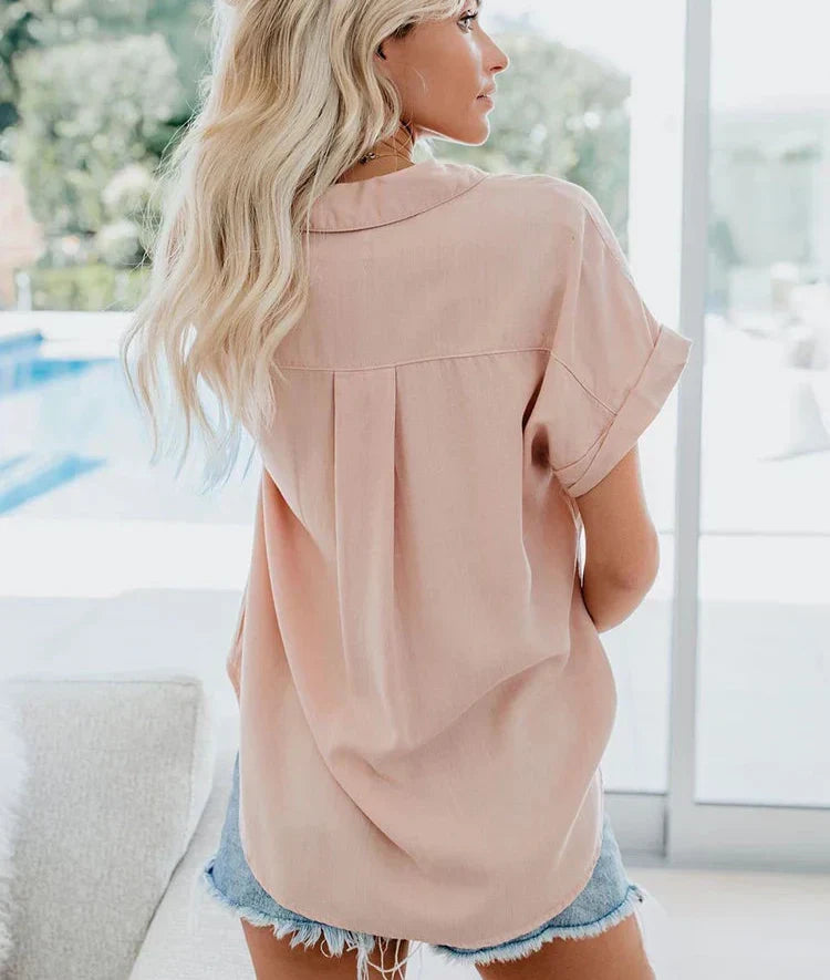 Blusa de Mezcla de Lino Sin Esfuerzo para Mujeres con Cuello y Manga Corta, Estilo Casual Relajado con Botones