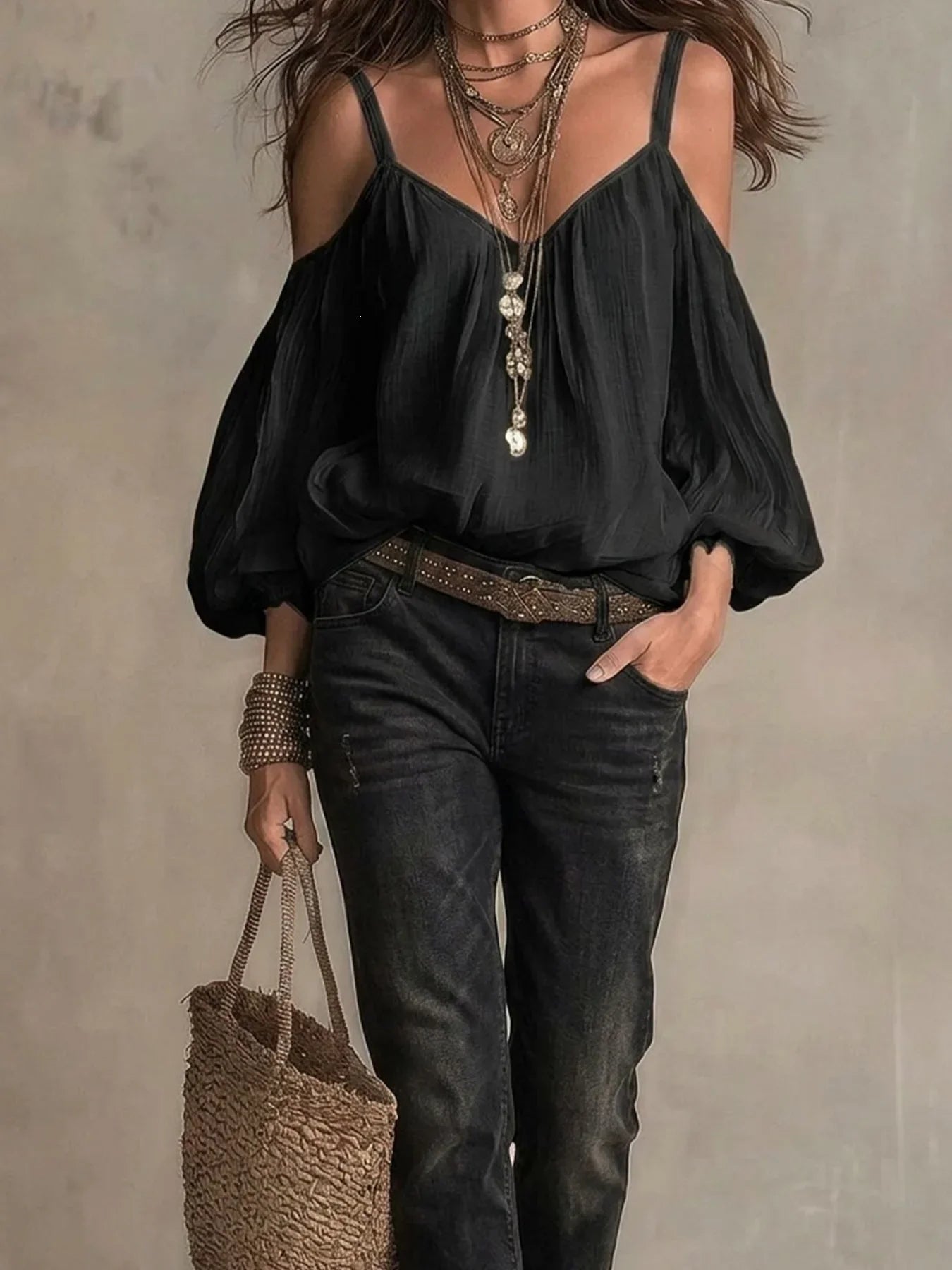 Blusa de Gasa de Algodón Sin Esfuerzo para Mujeres con Escote en V, Hombros Descubiertos, y Mangas de Globo Estilo Bohemio