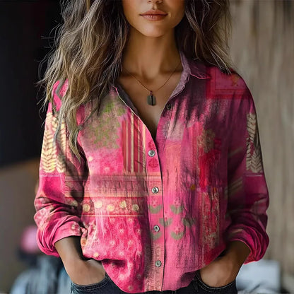 Blusa Floral Sin Esfuerzo para Mujeres con Cuello, Manga Larga, Botones en el Frente, Estilo Bohemio Relajado