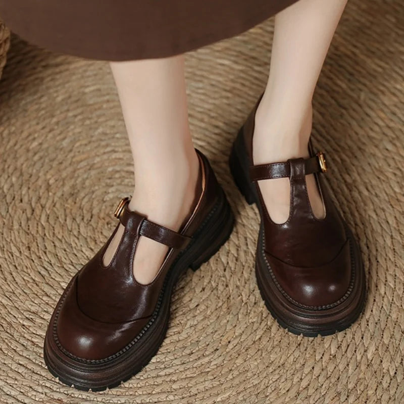 Zapato de Plataforma Mary Jane de Cuero Elegante para Mujeres con Hebilla T Strap y Suela Gruesa Estilo Vintage