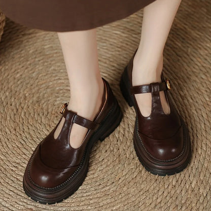 Zapato de Plataforma Mary Jane de Cuero Elegante para Mujeres con Hebilla T Strap y Suela Gruesa Estilo Vintage