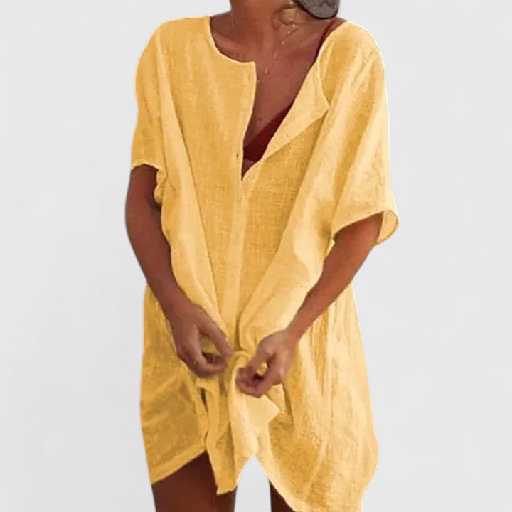 Vestido Cubierta de Lino Sin Esfuerzo para Mujeres con Escote en V, Manga Corta y Estilo Relajado