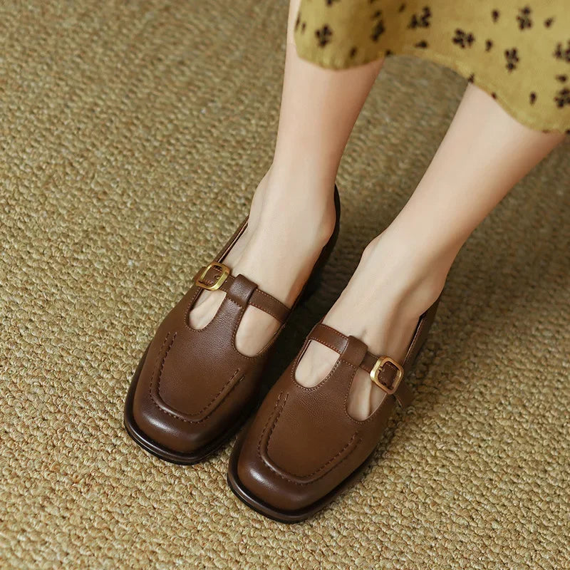 Elegantes Mocasines Mary Jane de Cuero para Mujeres con Hebilla T Strap, Punta Cuadrada y Tacón Bloque Estilo Vintage