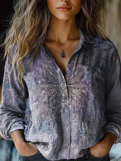 Blusa Floral Sin Esfuerzo para Mujeres con Cuello, Manga Larga, Botones en el Frente, Estilo Bohemio Relajado