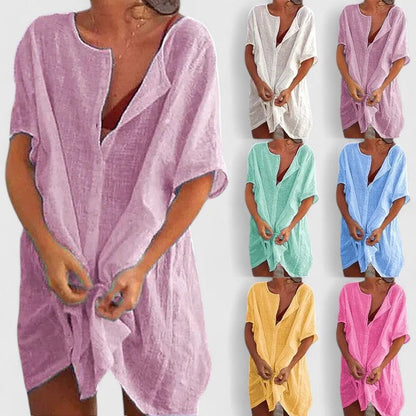 Vestido Cubierta de Lino Sin Esfuerzo para Mujeres con Escote en V, Manga Corta y Estilo Relajado