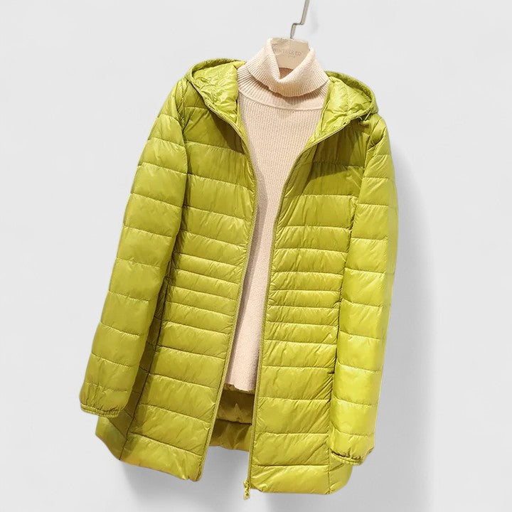 Chaqueta Puffer Acolchada Sin Esfuerzo para Mujeres con Capucha, Manga Larga, Ligera y Estilo Casual de Corte Largo